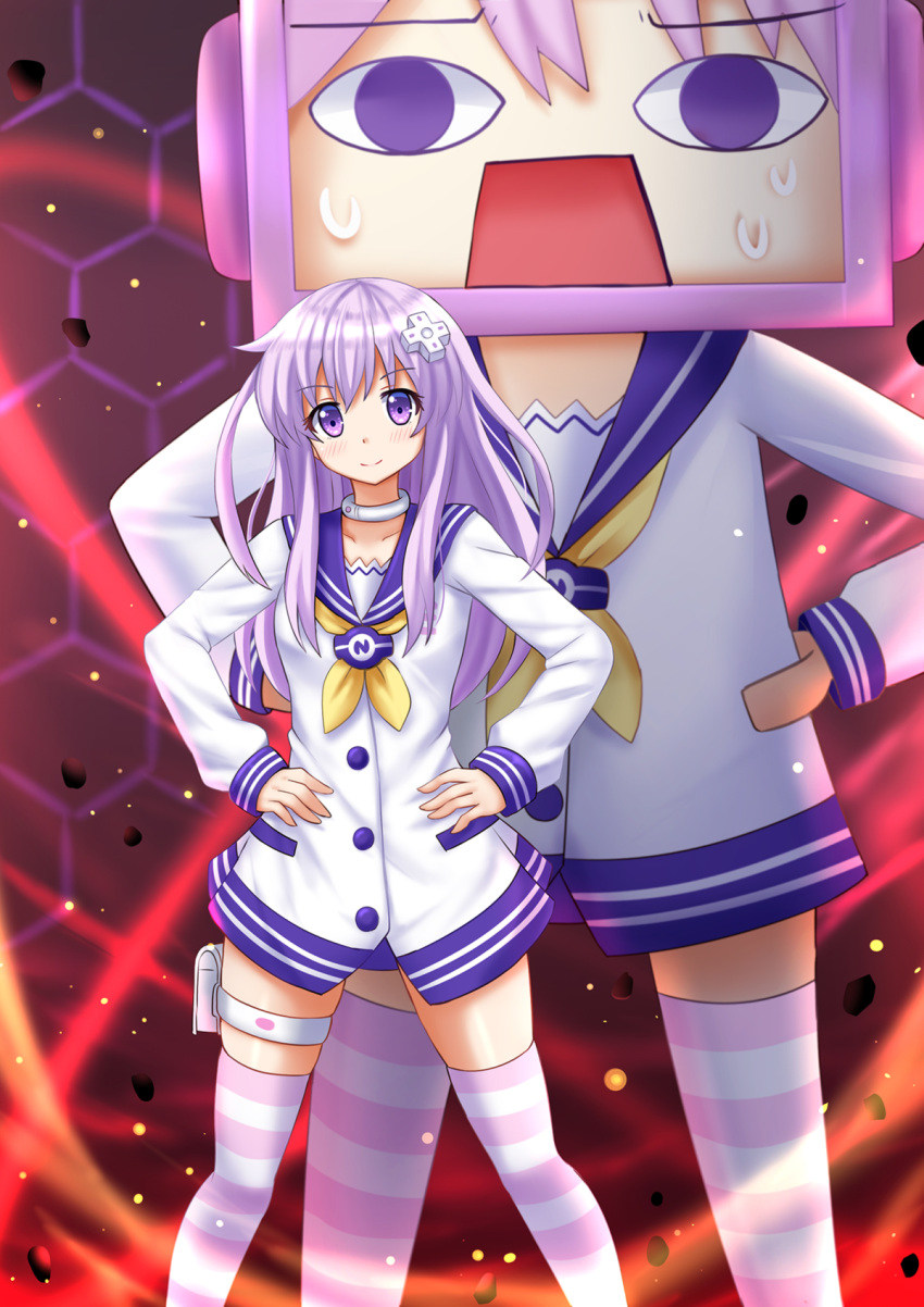 1girl, blush, choker, d-pad, dress, hair_ornament, hairclip, hands_on_hips