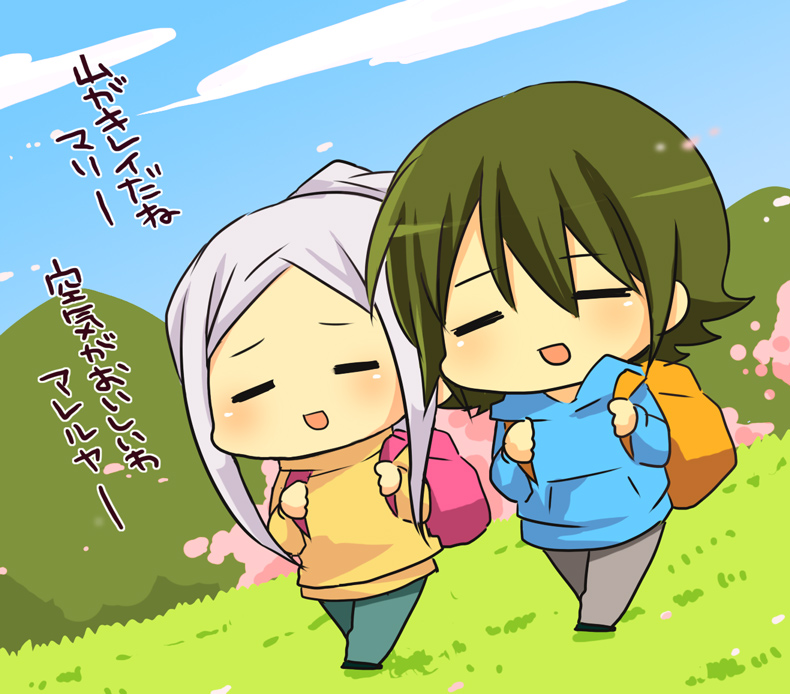 1girl, allelujah_haptism, blush, brown_hair, chibi, closed_eyes, couple, gundam