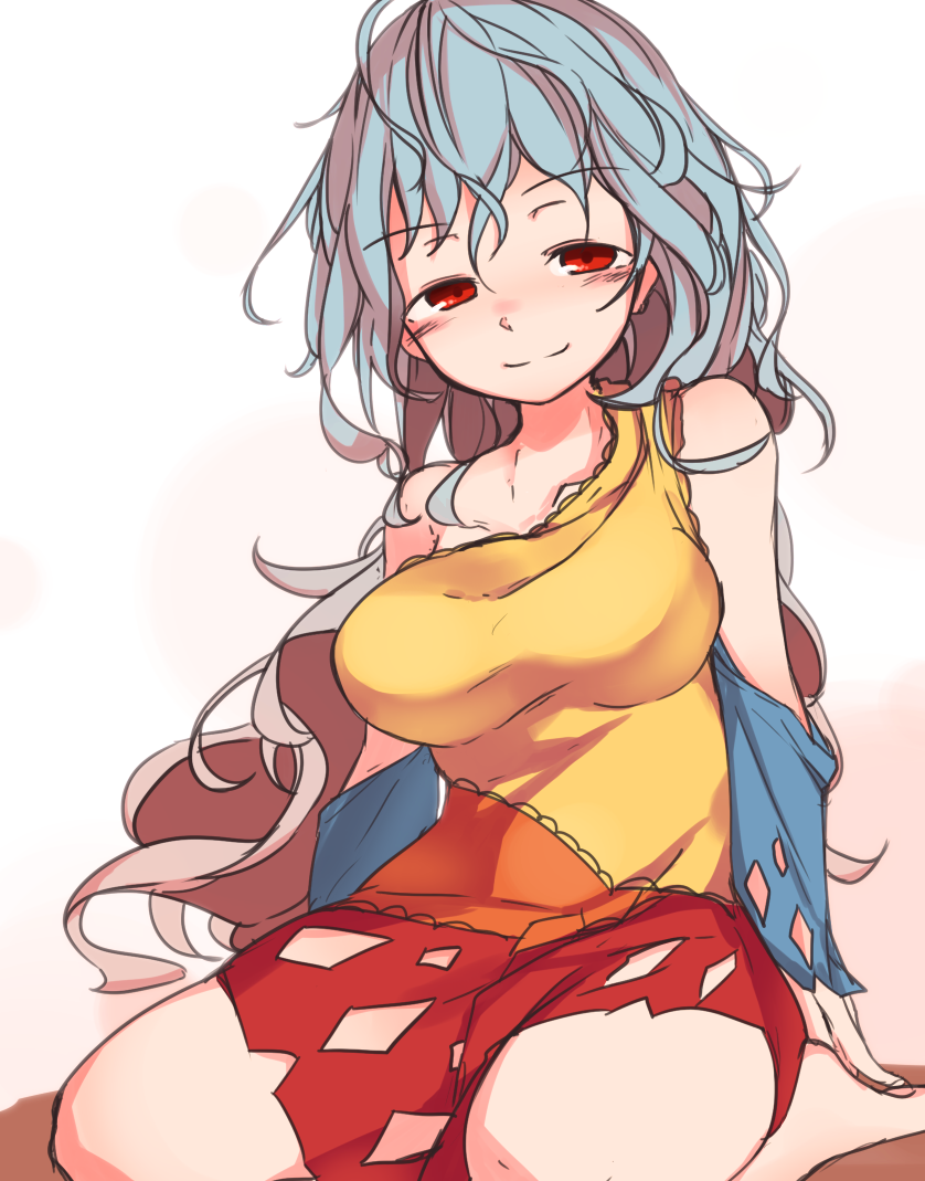 1girl, aqua_hair, bangs, bare_shoulders, barefoot, breasts, detached_sleeves, dress