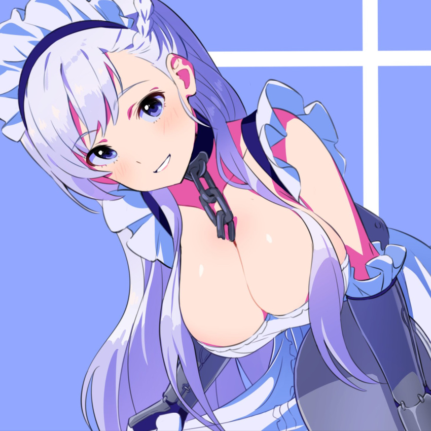 1girl, azur_lane, bangs, belfast_(azur_lane), blue_eyes, braid, breasts, chains
