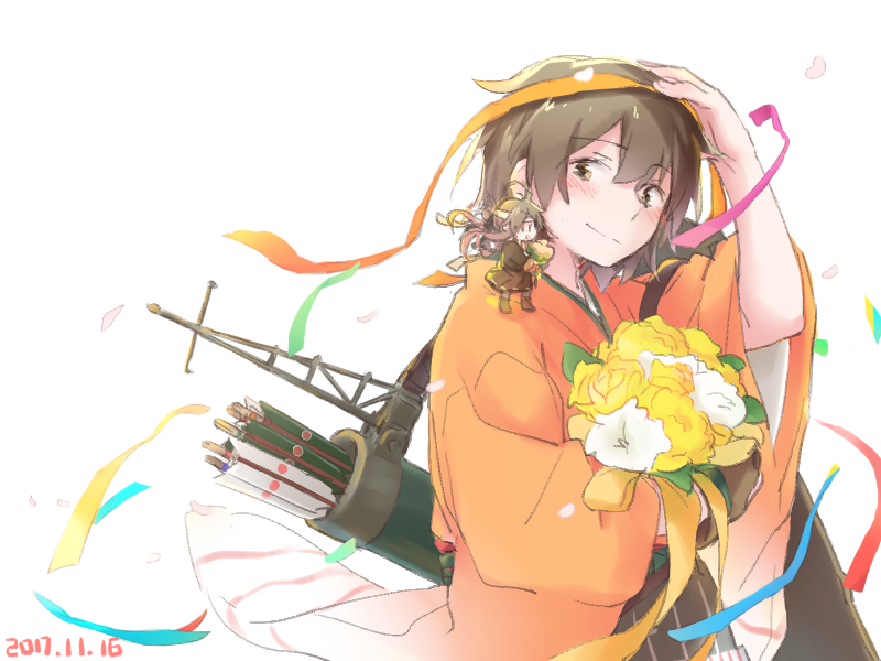 2girls, blush, brown_eyes, brown_hair, hachimaki, hakama_skirt, happy_birthday, headband, hiryuu_(kantai_collection), japanese_clothes, kantai_collection, kimono, long_hair, long_sleeves, multiple_girls, one_side_up, orange_kimono, plhsxf, remodel_(kantai_collection), short_hair, side_ponytail, skirt, smile, tomonaga_squadron_pilot_(kantai_collection), wide_sleeves