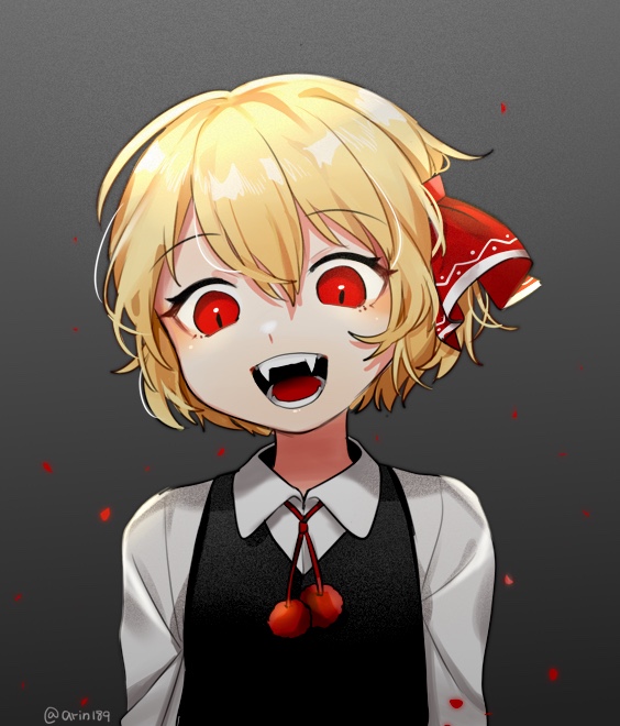 1girl, arin_(fanfan013), blonde_hair, commentary_request, fangs, gradient, gradient_background, hair_between_eyes