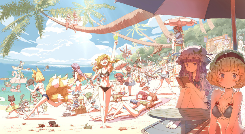 6+girls, alice_margatroid, animal_ears, arm_up, armpit_peek, arms_up, artist_name, ass