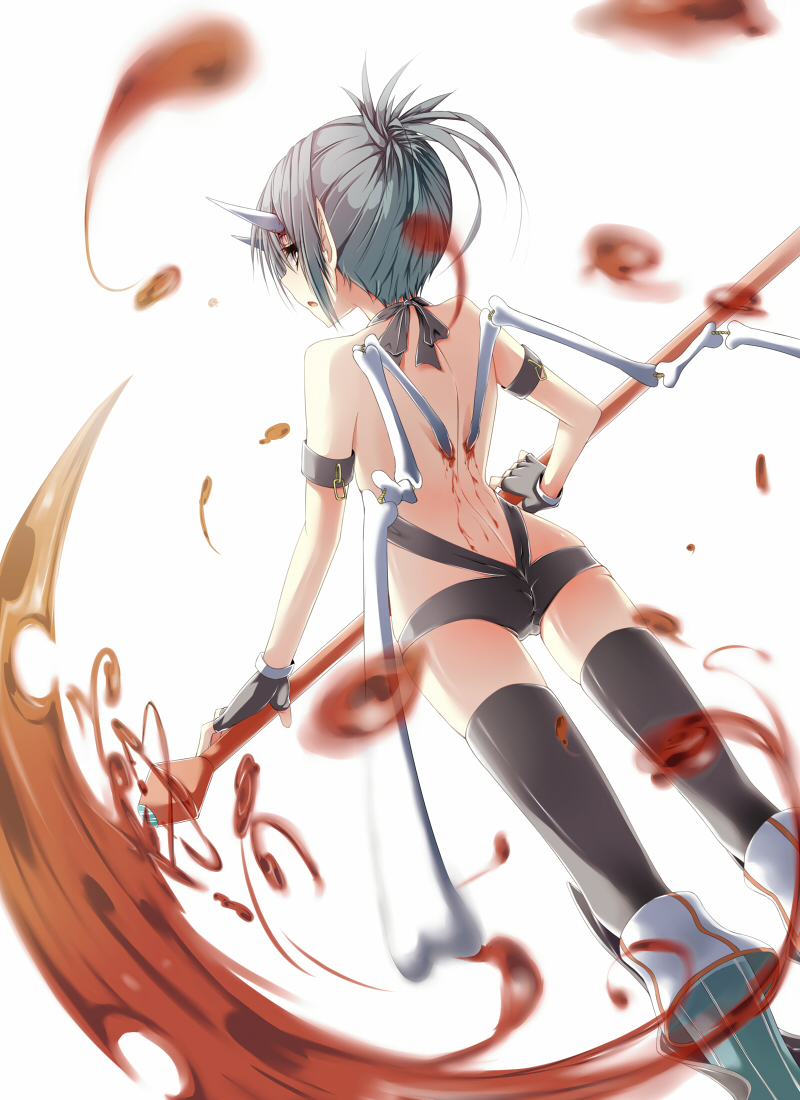 1girl, aqua_boots, armband, bare_shoulders, black_gloves, black_legwear, blood, blush