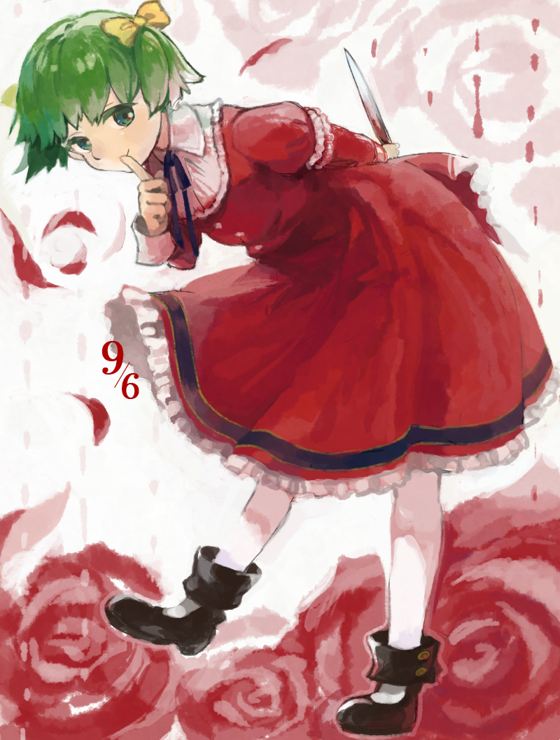 1girl, arm_behind_back, bangs, black_footwear, blood, bloody_knife, bow, buttons