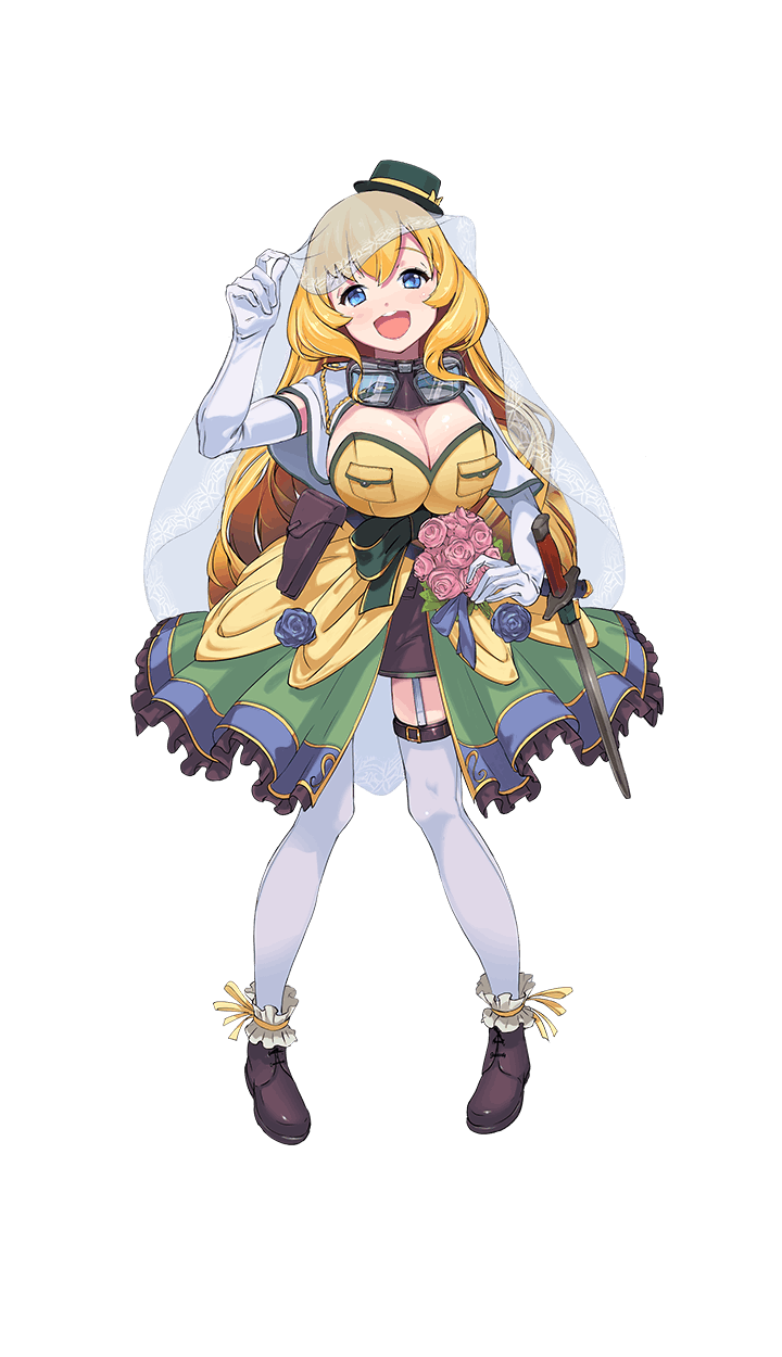 1girl, :d, artist_request, black_footwear, blonde_hair, blue_eyes, breasts, cleavage, dress, elisa_nicky, formation_girls, frilled_dress, frills, full_body, goggles, goggles_around_neck, gown, gown_lift, green_hat, green_legwear, hat, highres, large_breasts, long_hair, looking_at_viewer, mini_hat, official_art, open_mouth, smile, solo, thigh-highs, transparent_background