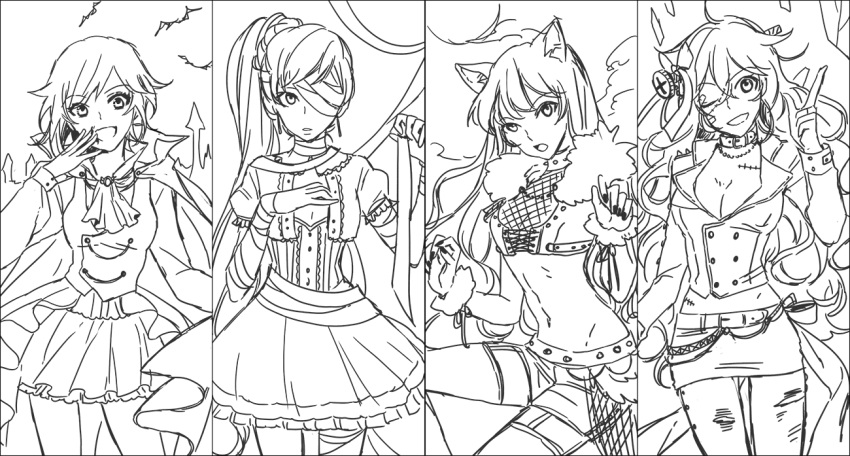 4girls, abs, animal_ears, blake_belladonna, breasts, cape, cat_ears, cleavage