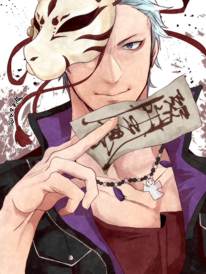 1boy, asaki_(room#102), bead_necklace, beads, blue_eyes, blue_hair, collarbone, covering_one_eye