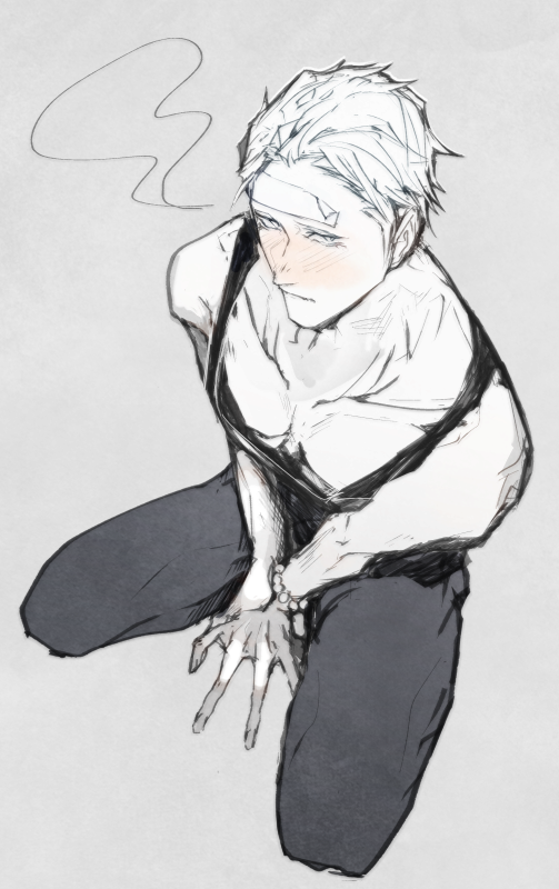 1boy, bead_bracelet, beads, blush, bracelet, collarbone, downblouse, from_above