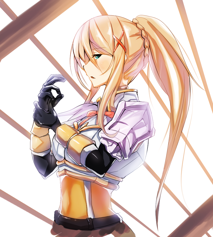1girl, armor, blonde_hair, blue_eyes, darkness_(konosuba), dayongqi, hair_ornament, kono_subarashii_sekai_ni_shukufuku_wo!, long_hair, nib_pen_(medium), ponytail, solo, traditional_media, x_hair_ornament