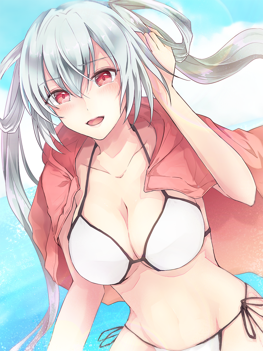 1girl, :d, akira_(aky-la), bikini, blue_sky, breasts, cleavage, clouds