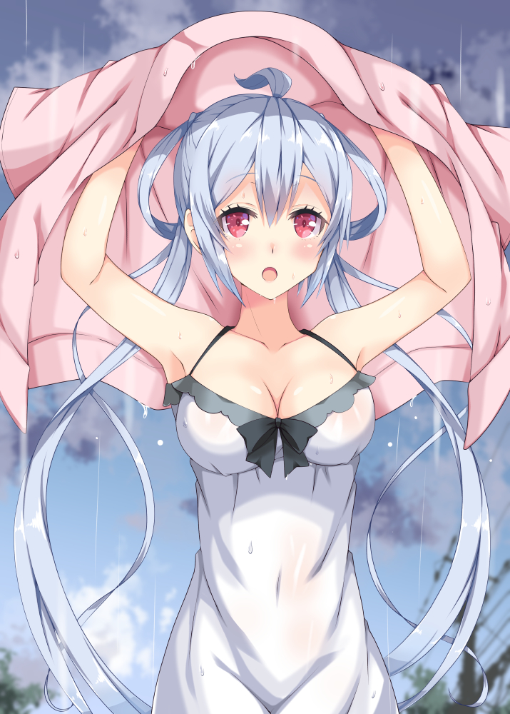 1girl, armpits, blush, breasts, cleavage, collarbone, dress, eyebrows_visible_through_hair