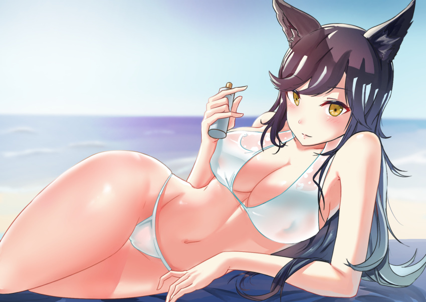 1girl, animal_ears, atago_(azur_lane), azur_lane, bangs, beach, bikini, black_hair, bottle, breasts, brown_eyes, day, gan_(gameupnow), highres, horizon, large_breasts, long_hair, looking_at_viewer, lying, ocean, on_side, outdoors, solo, swimsuit, white_bikini, wolf_ears