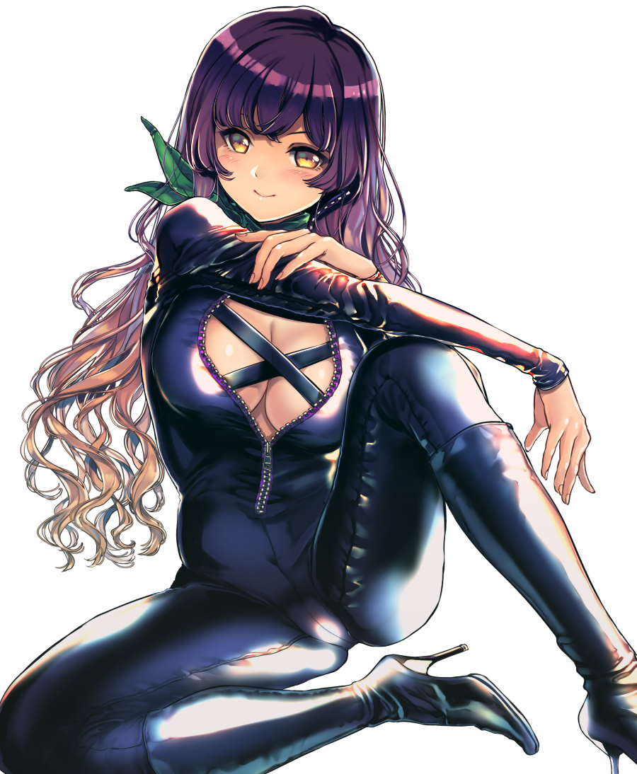 1girl, bangs, biker_clothes, bikesuit, blonde_hair, breasts, cleavage, closed_mouth