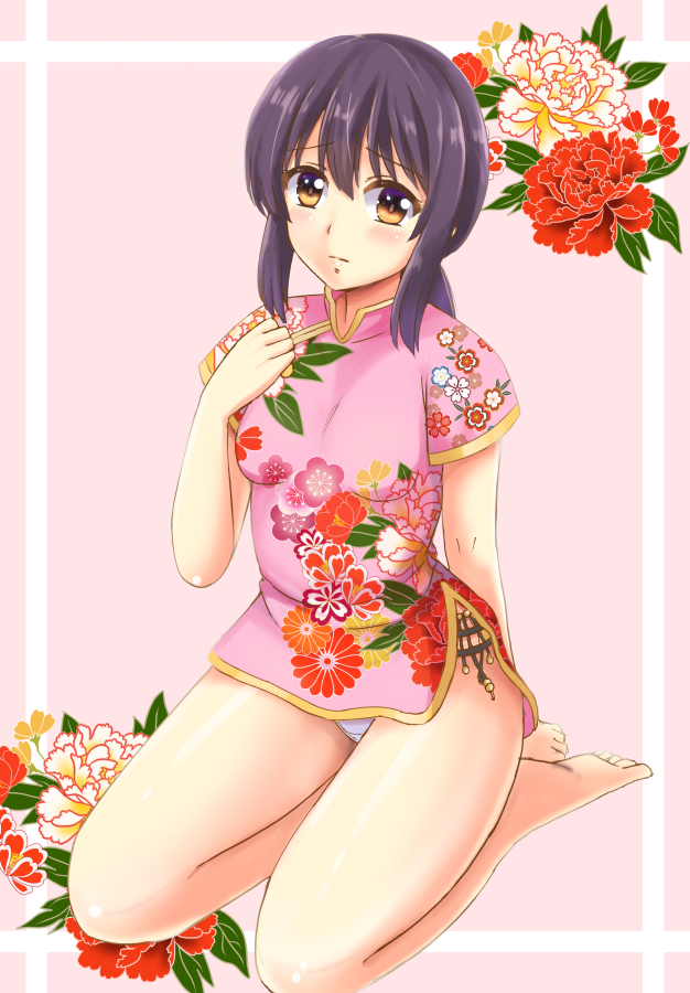 1girl, barefoot, black_hair, brown_eyes, china_dress, chinese_clothes, dress, floral_print