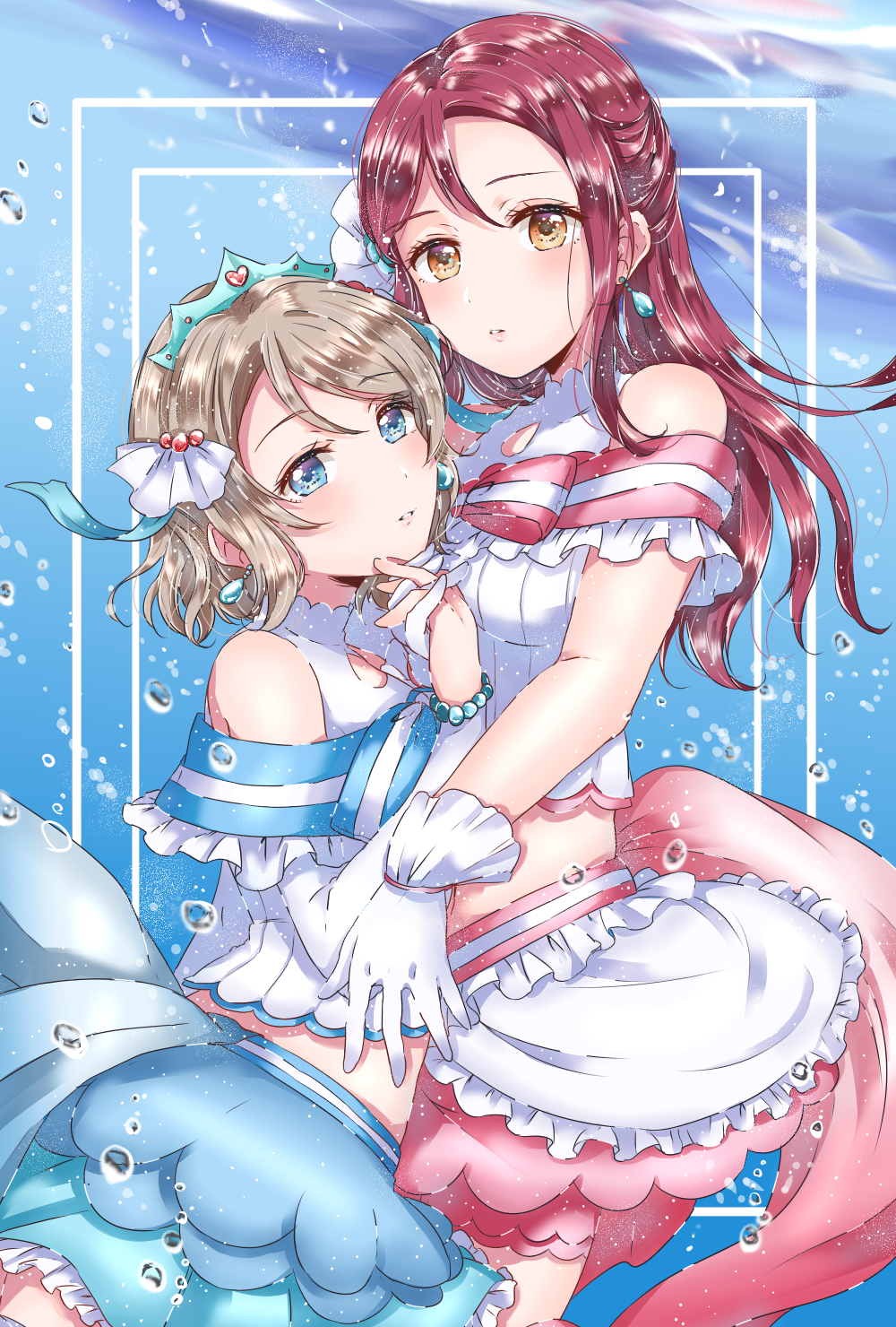 2girls, bangs, blue_eyes, bow, bowtie, bracelet, brown_eyes, bubble