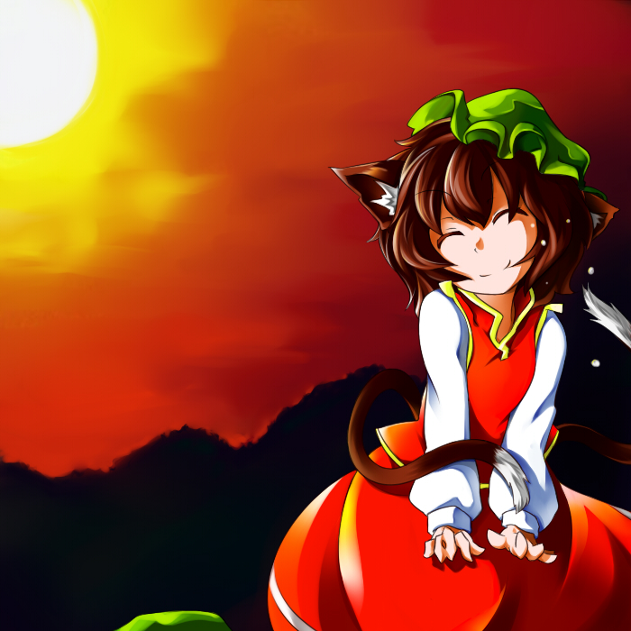 amagi, animal_ears, brown_hair, cat_ears, cat_tail, chen, closed_eyes, hat
