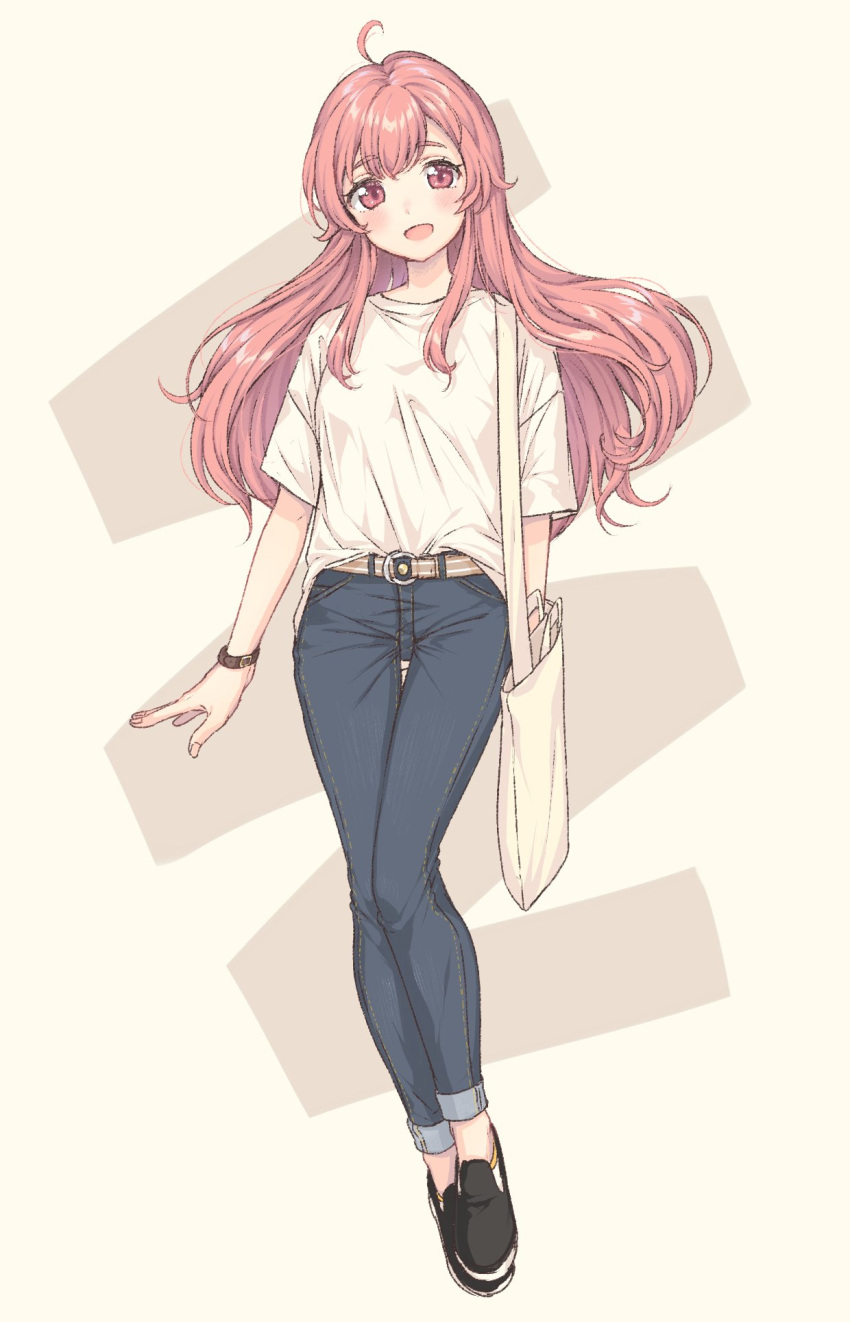 1girl, :d, ahoge, bag, bangs, belt, black_footwear, blush
