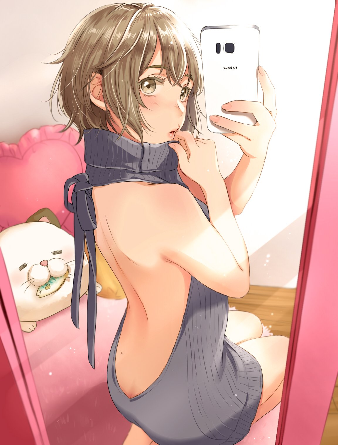 1girl, aran_sweater, backless_outfit, bare_back, blush, brown_eyes, brown_hair, cellphone