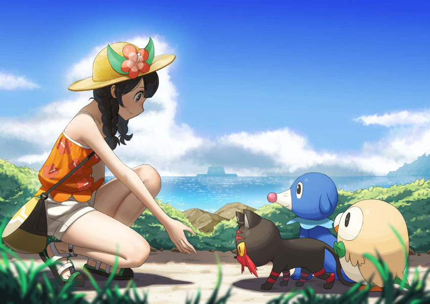 1girl, absurdres, bag, bare_arms, black_hair, blue_sky, blurry, braid