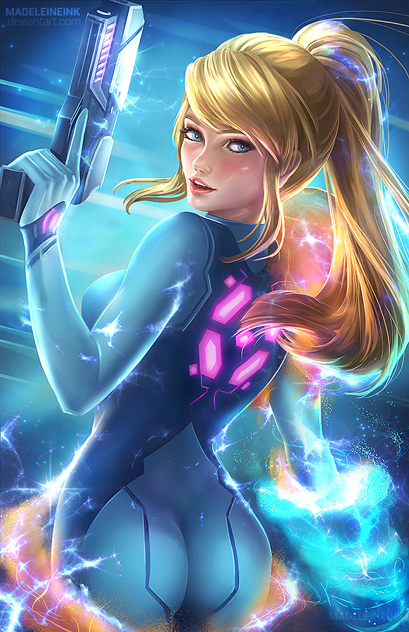 ass, blonde_hair, blue_bodysuit, bodysuit, gun, long_hair, looking_at_viewer, madeleine_bellwoar, metroid, mole, mole_under_mouth, ponytail, samus_aran, shiny, shiny_clothes, skin_tight, smile, varia_suit, weapon, zero_suit