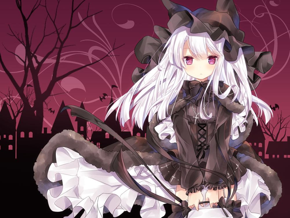 1girl, :<, animal_hat, azur_lane, bag, bangs, bare_tree, black_bow, black_capelet, black_hat, black_neckwear, black_ribbon, black_shirt, black_skirt, blush, bow, bowtie, building, capelet, cat_hat, closed_mouth, commentary_request, corset, cross, cross_necklace, cross_print, erebus_(azur_lane), eyebrows_visible_through_hair, frilled_hat, frilled_sleeves, frills, fur-trimmed_capelet, fur_trim, hair_between_eyes, handbag, hat, holding_bag, jewelry, kurun_(kurun777), latin_cross, long_hair, long_sleeves, looking_at_viewer, necklace, pleated_skirt, print_skirt, puffy_long_sleeves, puffy_sleeves, red_eyes, red_sky, ribbon, shirt, silhouette, skirt, sky, solo, thigh-highs, tower, tree, v_arms, white_hair