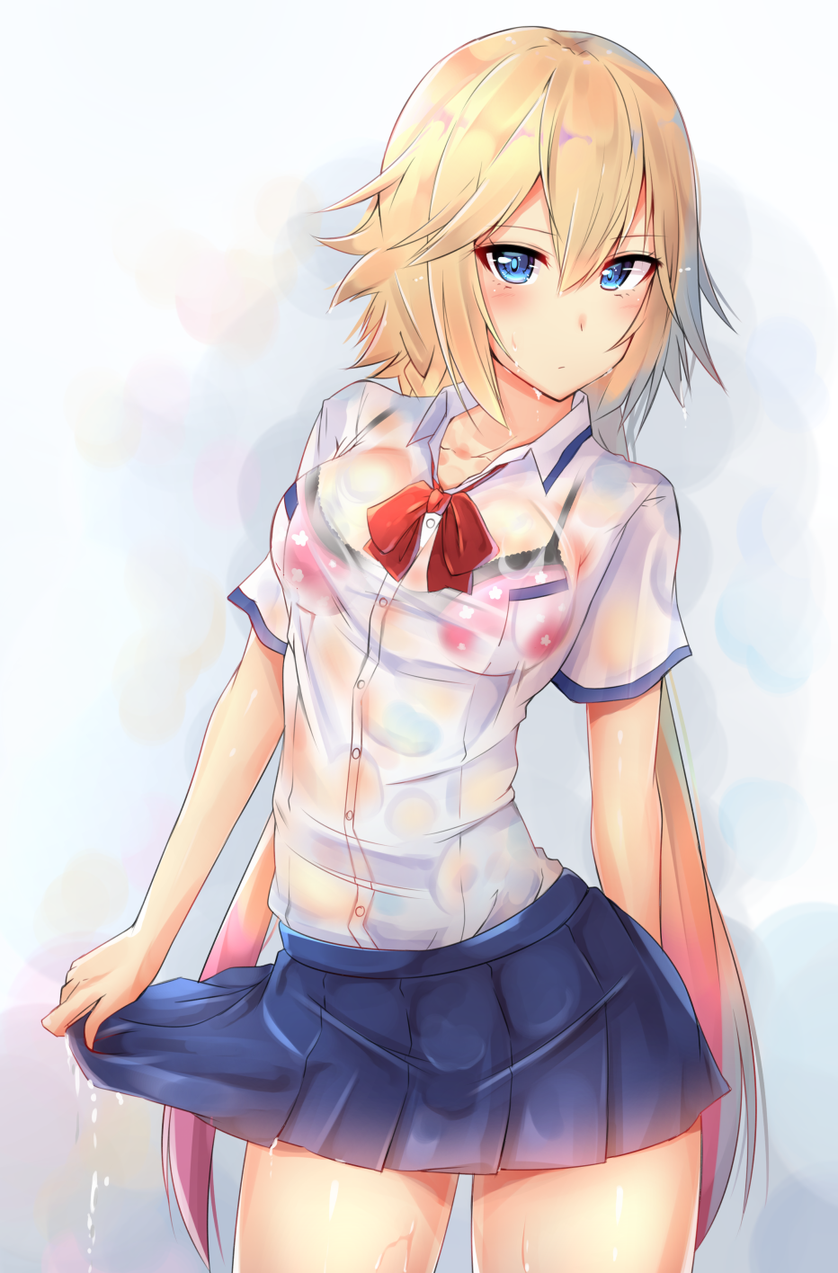 1girl, :/, blonde_hair, blue_eyes, blue_skirt, blush, bra, breasts, closed_mouth, collarbone, eyebrows_visible_through_hair, hair_between_eyes, highres, long_hair, looking_at_viewer, low_twintails, medium_breasts, neck_ribbon, phantasy_star, phantasy_star_online_2, pink_bra, pleated_skirt, racket_ti1, red_ribbon, ribbon, school_uniform, see-through, shirt, short_sleeves, skirt, solo, suzuki_aika, twintails, underwear, very_long_hair, wet, wet_clothes, wet_shirt, wet_skirt