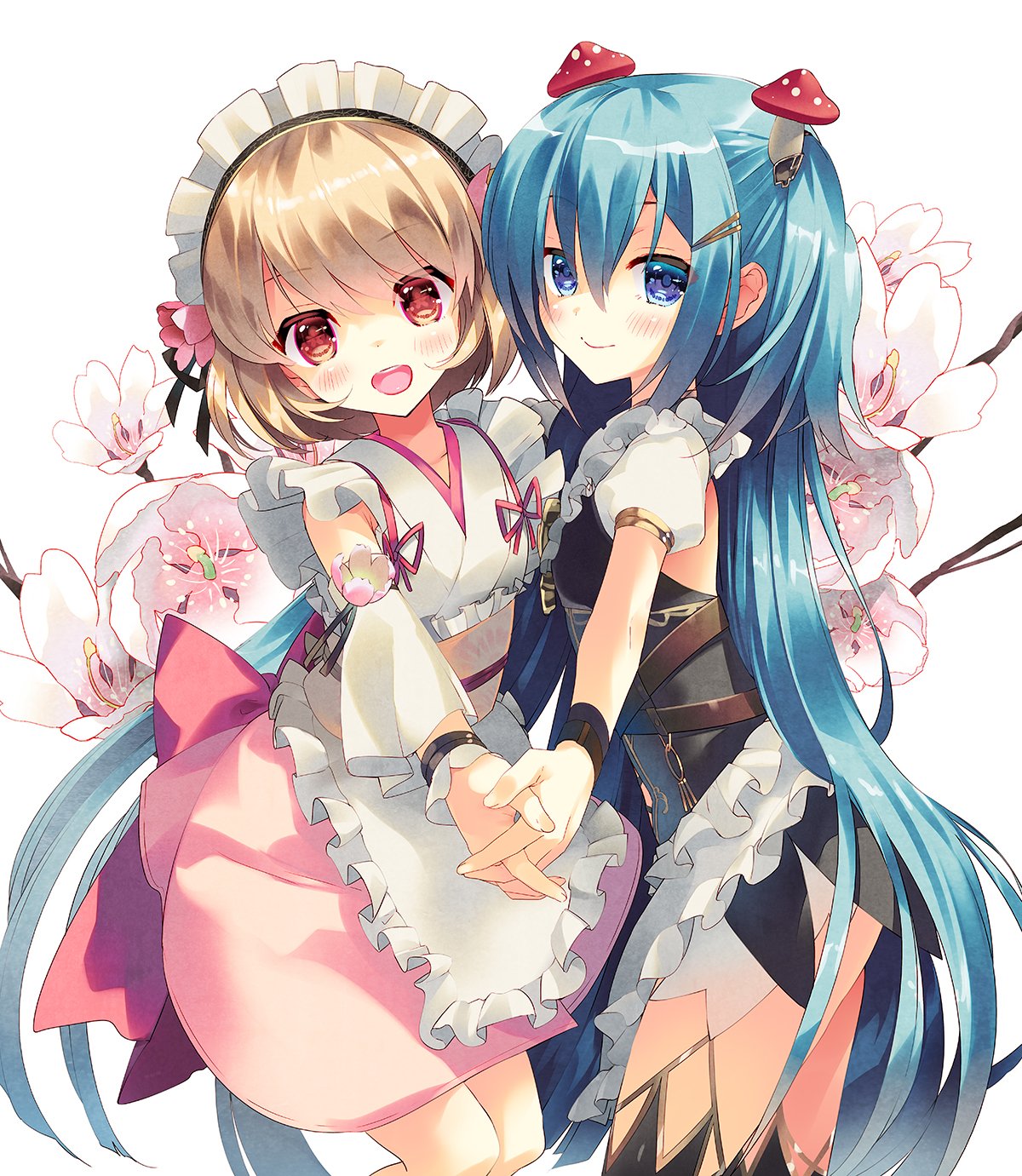 2girls, :d, apricot_(flower_knight_girl), apron, arikawa_satoru, black_legwear, blonde_hair, blue_eyes