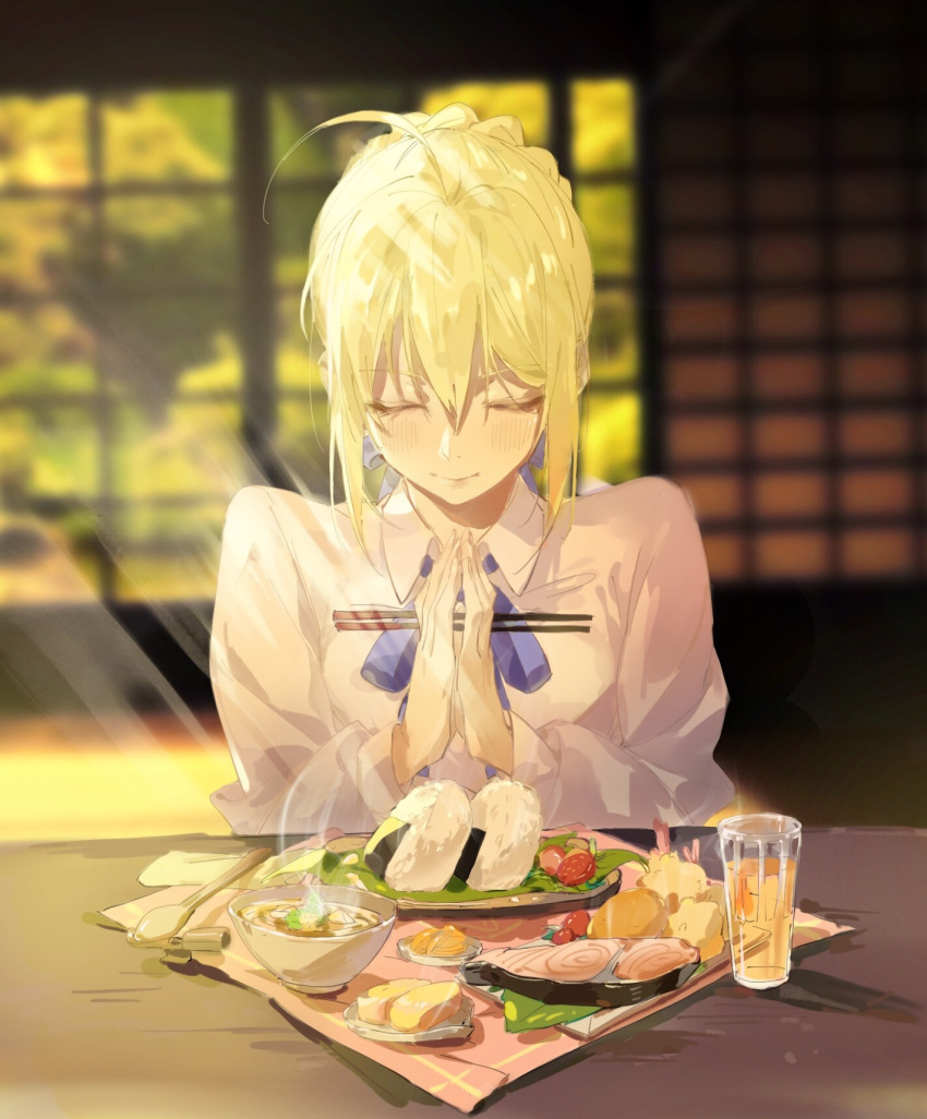 1girl, ahoge, artoria_pendragon_(all), bangs, blonde_hair, blue_ribbon, braid, chopsticks, closed_eyes, closed_mouth, commentary_request, e_(h798602056), eyebrows_visible_through_hair, fate/stay_night, fate_(series), food, french_braid, hair_between_eyes, hair_ribbon, hands_together, highres, indoors, neck_ribbon, own_hands_together, ribbon, saber, shirt, short_hair, sidelocks, sitting, solo, upper_body, white_shirt
