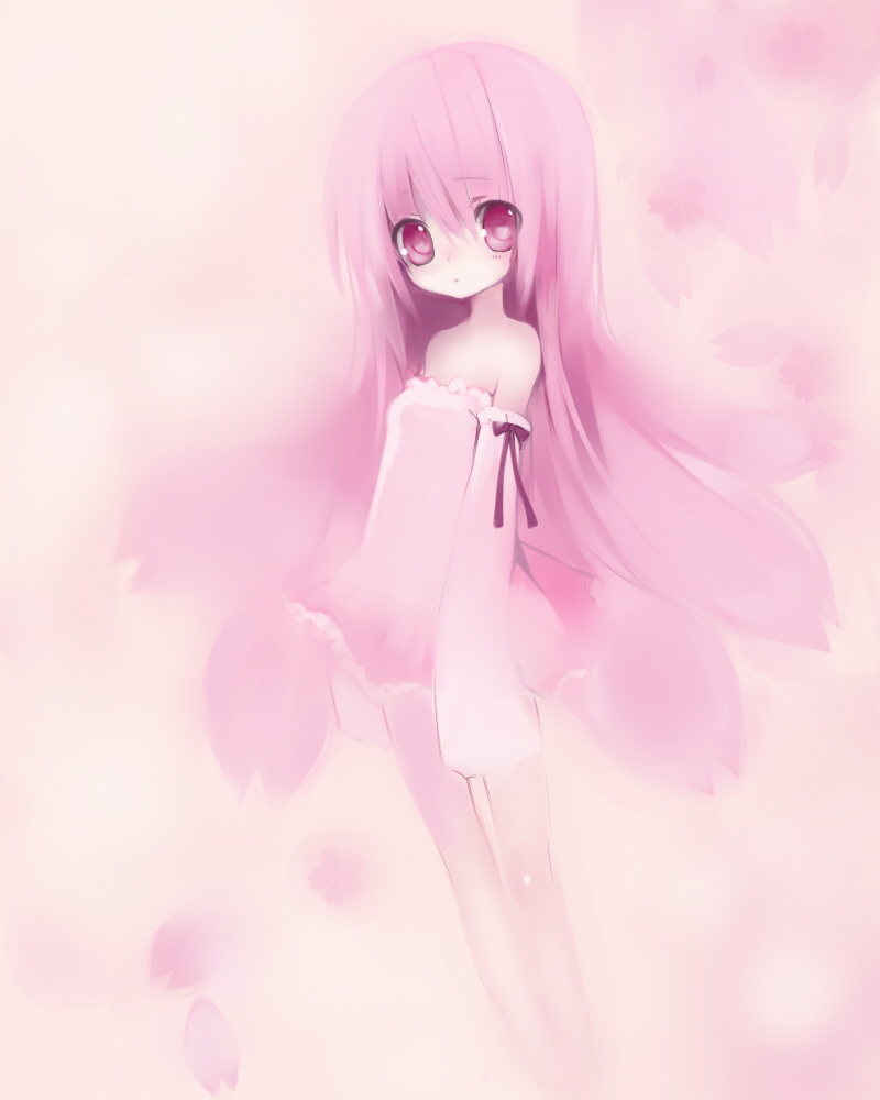 dress, flower_petals, long_hair, original, petals, pink_eyes, pink_hair, saibashi