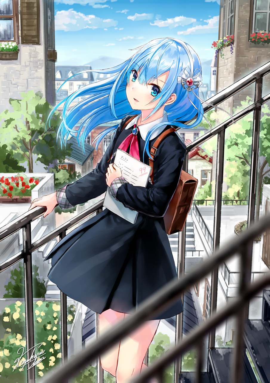 1girl, :d, bag, bangs, black_dress, blue_eyes, blue_hair, blue_sky