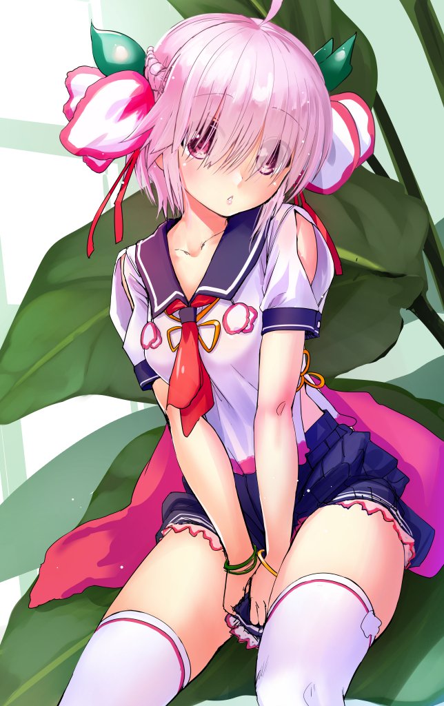 1girl, bangs, blue_sailor_collar, blue_skirt, bracelet, braid, cyclamen_(flower_knight_girl), flower, flower_knight_girl, hair_flower, hair_ornament, jewelry, leaf, looking_at_viewer, necktie, pink_hair, red_eyes, red_neckwear, sasayuki, school_uniform, serafuku, shirt, short_hair, sitting, skirt, solo, thigh-highs, v_arms, very_short_hair, white_legwear, white_shirt, zettai_ryouiki