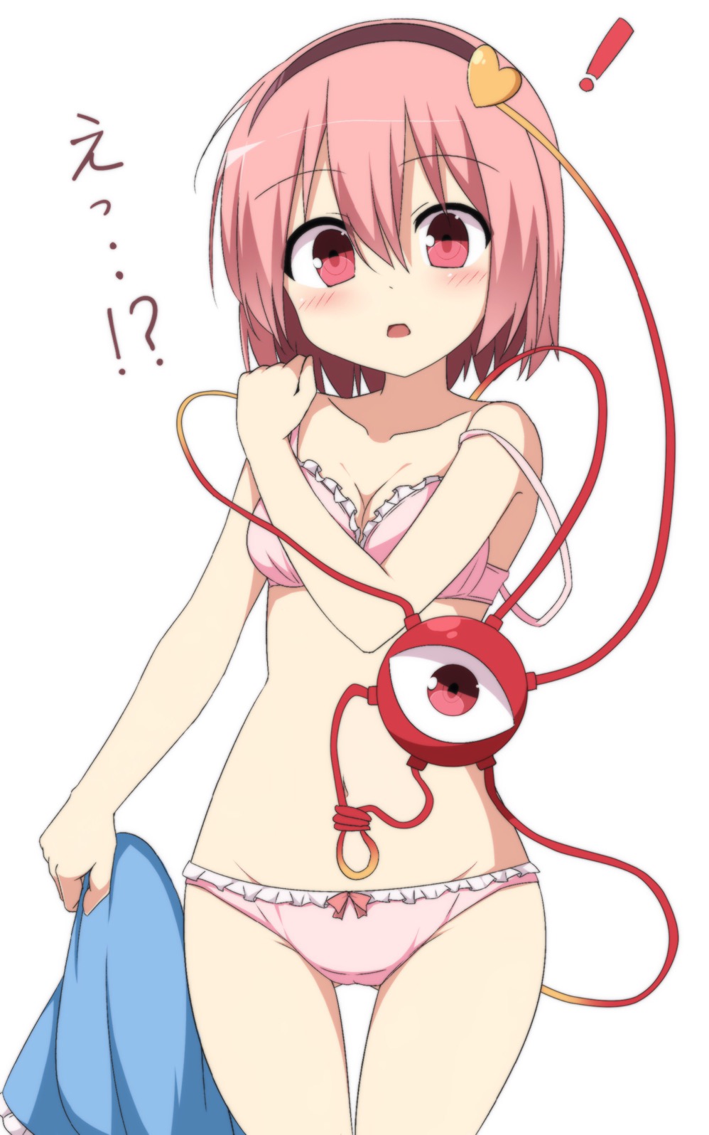 !, !?, 1girl, bare_shoulders, black_hairband, bra, breasts, cleavage