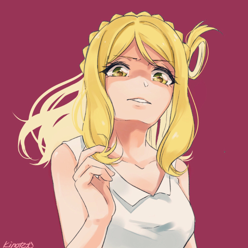 1girl, artist_name, blonde_hair, braid, crown_braid, disdain, green_eyes, hair_rings