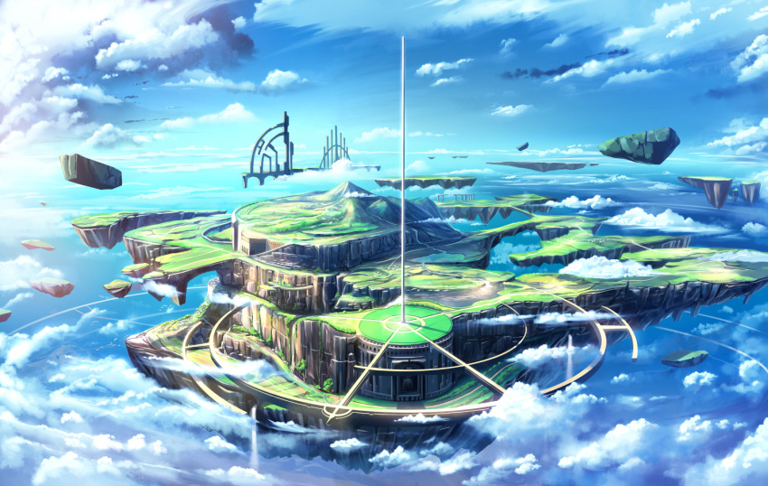 blue_sky, cliff, clouds, day, fantasy, floating_island, mountain, no_humans