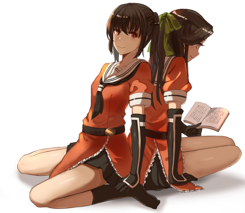2girls, absurdres, akuria, arms_at_sides, bangs, belt, black_gloves, black_legwear