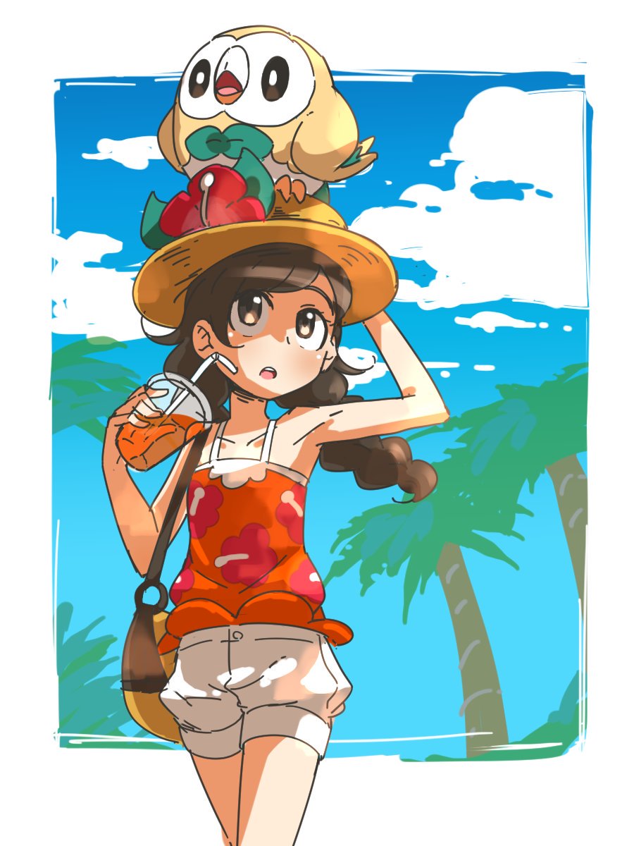 1girl, bag, black_hair, braid, clouds, drink, drinking_straw, flower, hand_on_headwear, handbag, hat, hat_flower, highres, long_hair, meka_(77111994), mizuki_(pokemon_ultra_sm), open_mouth, orange_shirt, palm_tree, pokemon, pokemon_(creature), pokemon_(game), pokemon_ultra_sm, rowlet, shirt, shorts, sky, sun_hat, tank_top, tree, twin_braids, white_shorts