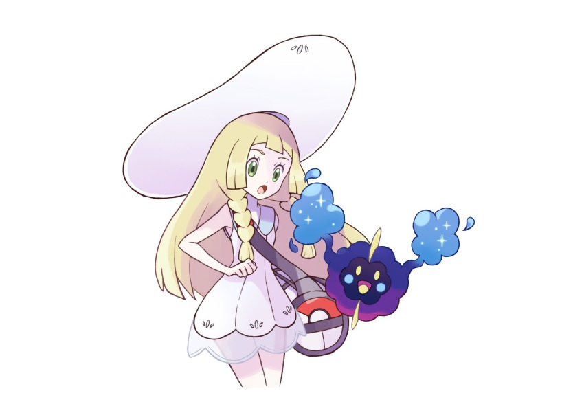 1girl, bag, blonde_hair, braid, cosmog, dress, duffel_bag, green_eyes