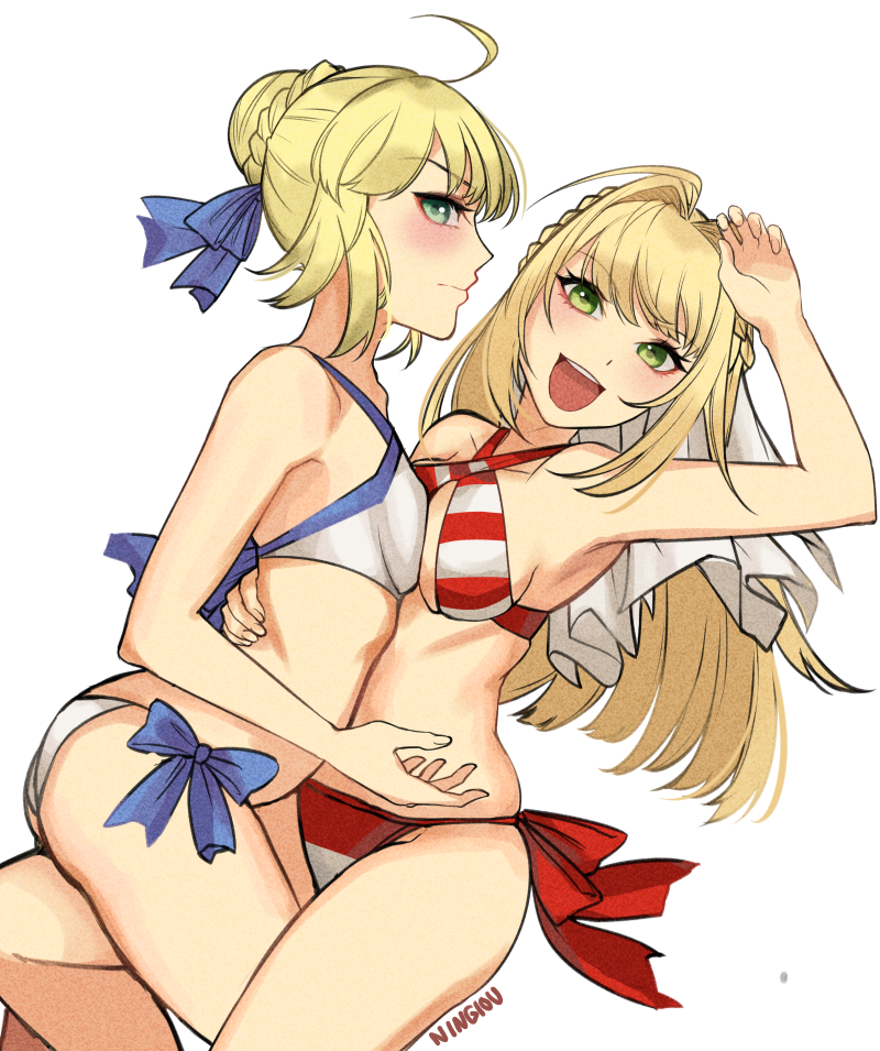2girls, :d, ahoge, aqua_eyes, armpits, artoria_pendragon_(all), artoria_pendragon_(swimsuit_archer), asymmetrical_docking