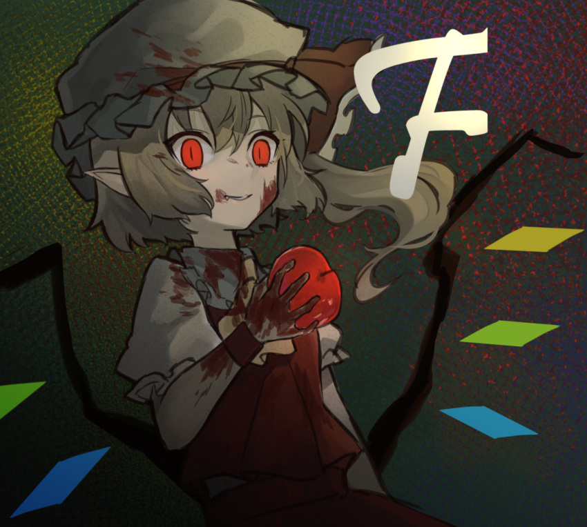 1girl, apple, ascot, blonde_hair, blood, blood_on_face, bloody_clothes, bloody_hair