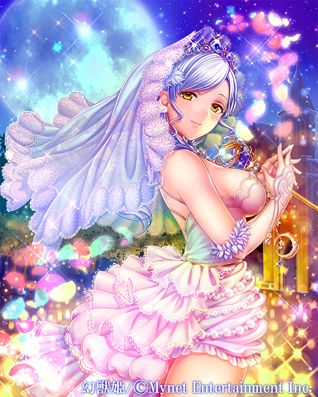 1girl, bangs, bare_shoulders, blue_hair, breasts, bridal_gauntlets, commentary, copyright_name