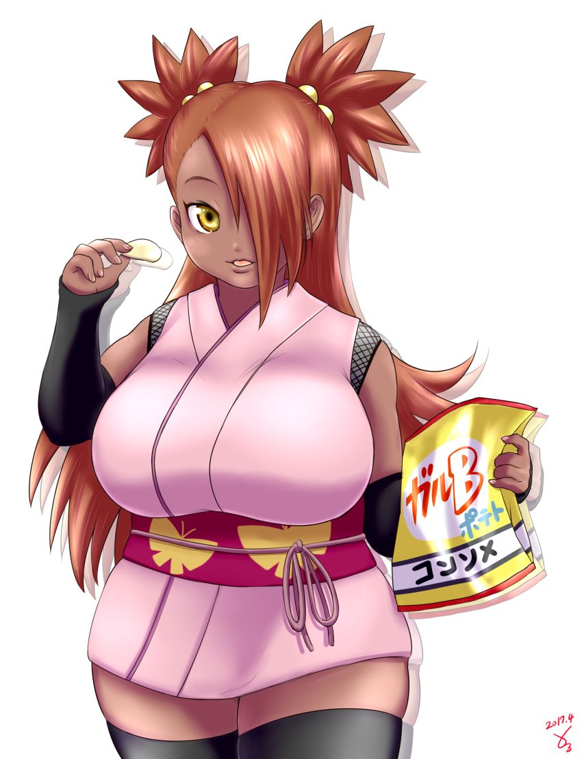 1girl, absurdres, akimichi_chouchou, black_legwear, blush, boruto:_naruto_next_generations, breasts, brown_hair, chips, cowboy_shot, dark_skin, dated, detached_sleeves, food, hair_over_one_eye, highres, japanese_clothes, kimono, large_breasts, long_hair, looking_at_viewer, nail_polish, naruto, obi, open_mouth, pink_kimono, pink_nails, plump, potato_chips, sash, short_kimono, simple_background, solo, takamako, thigh-highs, twintails, yellow_eyes, zettai_ryouiki