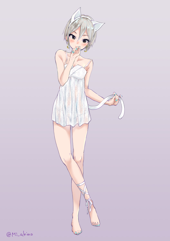1girl, animal_ears, ankle_ribbon, barefoot, black_eyes, blush, cat_ears, cat_tail