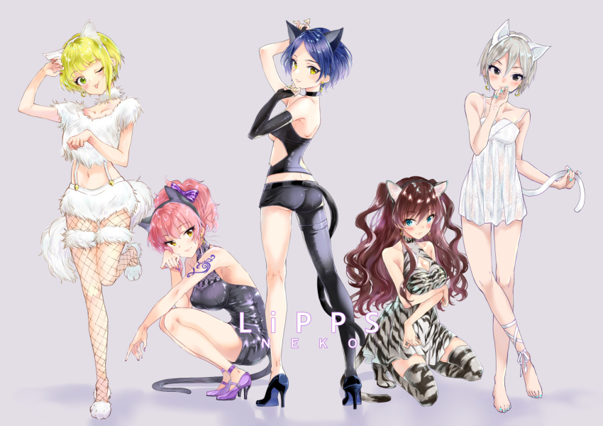 1girl, 5girls, :3, ;3, ;p, ahoge, animal_ears, ankle_ribbon, arm_tattoo, ass, bare_shoulders, barefoot, black_choker, black_dress, black_eyes, black_gloves, blonde_hair, blue_eyes, blue_hair, blush, boots, bow, breasts, brown_hair, cat_ears, cat_tail, choker, cleavage, collarbone, commentary_request, crescent, crescent_earrings, dress, earrings, elbow_gloves, eyelashes, fake_animal_ears, fingerless_gloves, fishnet_pantyhose, fishnets, from_side, full_body, fur, fur_collar, fur_trim, gloves, green_eyes, grey_background, grey_hair, hair_bow, halterneck, hayami_kanade, high_heels, ichinose_shiki, idolmaster, idolmaster_cinderella_girls, jewelry, jougasaki_mika, large_breasts, lipps_(idolmaster), looking_at_viewer, looking_back, midriff, miyabi_akino, miyamoto_frederica, multiple_girls, nail_polish, navel, one_eye_closed, open-back_dress, panties, pantyhose, paw_pose, pink_hair, purple_footwear, purple_nails, ribbon, see-through, shiny, shiny_clothes, shiny_hair, shiomi_shuuko, short_dress, short_hair, simple_background, single_elbow_glove, smile, solo, squatting, standing, standing_on_one_leg, tail, tattoo, thigh-highs, thigh_boots, tongue, tongue_out, tribal_tattoo, two_side_up, under_boob, underwear, white_dress, white_panties, white_ribbon, yellow_eyes, zettai_ryouiki