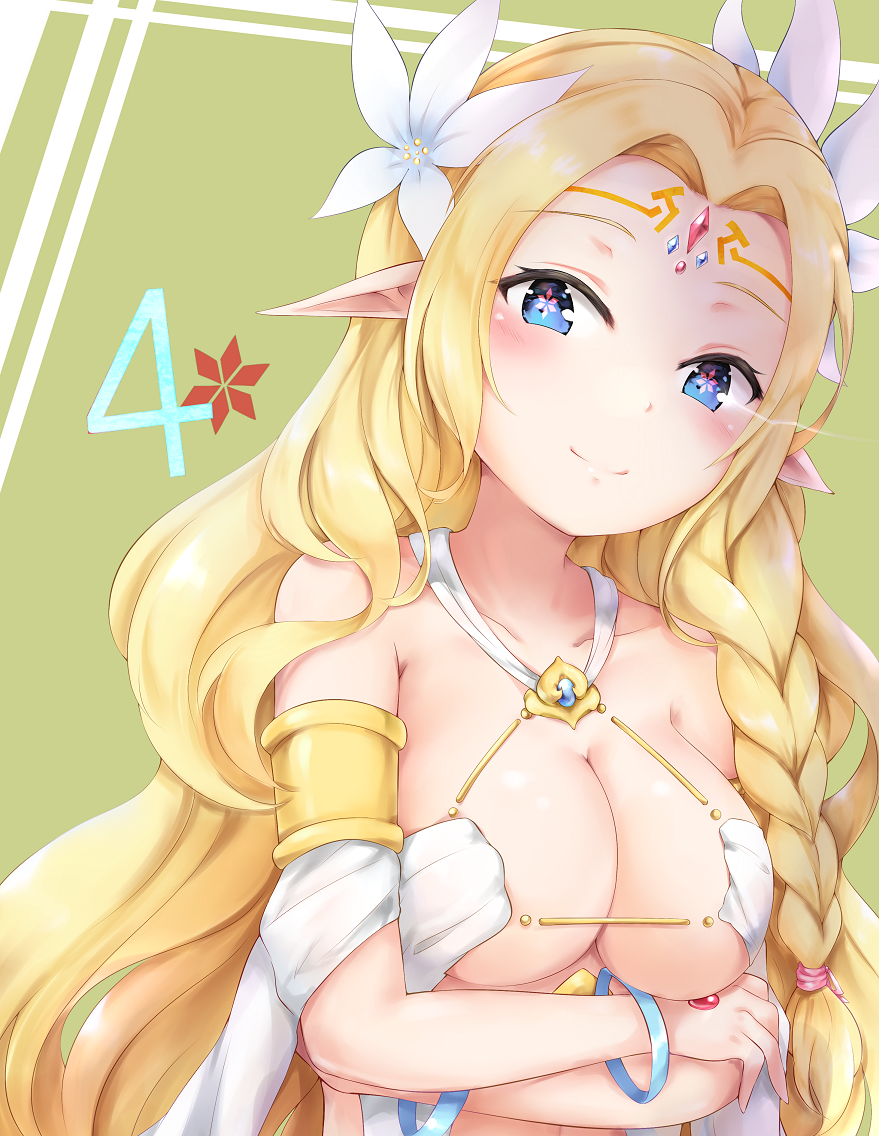 1girl, armlet, bangle, bangs, blonde_hair, blue_eyes, blush, bracelet