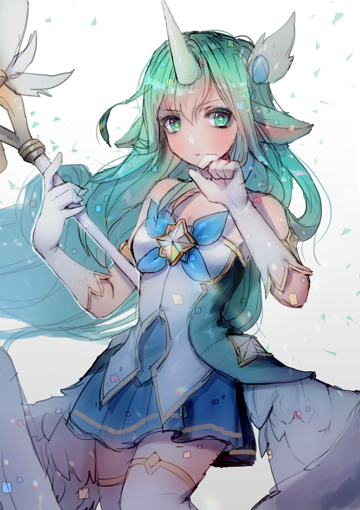 1girl, angel_wings, blush, cowboy_shot, elbow_gloves, gloves, green_eyes, green_hair