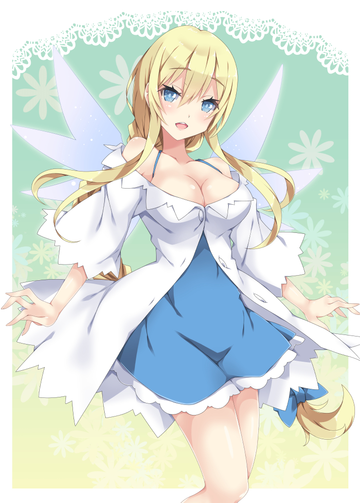 1girl, bad_id, blonde_hair, blue_eyes, breasts, cleavage, cowboy_shot, dress