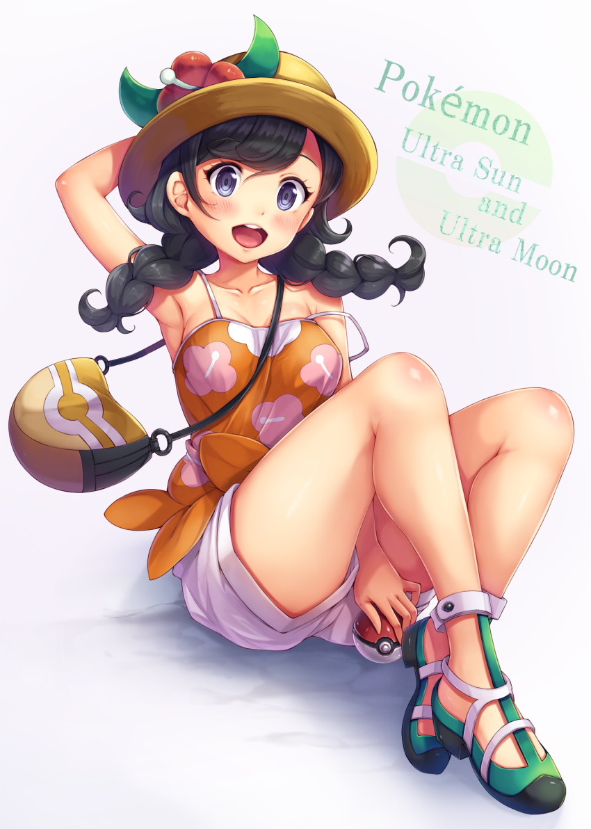 1girl, :d, arm_behind_head, arm_up, armpits, bag, bangs, bare_legs