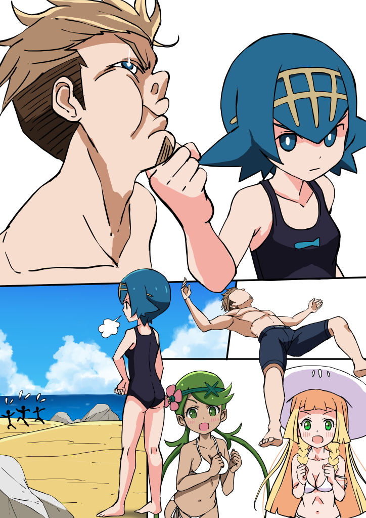 3boys, 3girls, beach, bikini, blonde_hair, blue_eyes, blue_hair, blue_sky, blush, braid, breasts, brown_hair, cleavage, clouds, comic, creatures_(company), dark_skin, day, face_punch, fleeing, flower_ornament, game_freak, green_eyes, green_hair, happy, hat, in_the_face, lillie_(pokemon), long_hair, male_swimwear, mallow_(pokemon), moe, multiple_boys, multiple_girls, navel, nintendo, one-piece_swimsuit, outdoors, pokemon, pokemon_(game), pokemon_sm, punching, sand, scared, short_hair, shougakusei, side-tie_bikini, sigh, sky, small_breasts, smile, stick_figure, suiren_(pokemon), sun_hat, swim_trunks, swimmer_(pokemon), swimmer_(pokemon)_(male), swimsuit, swimwear, textless, twin_braids, twintails, white_bikini