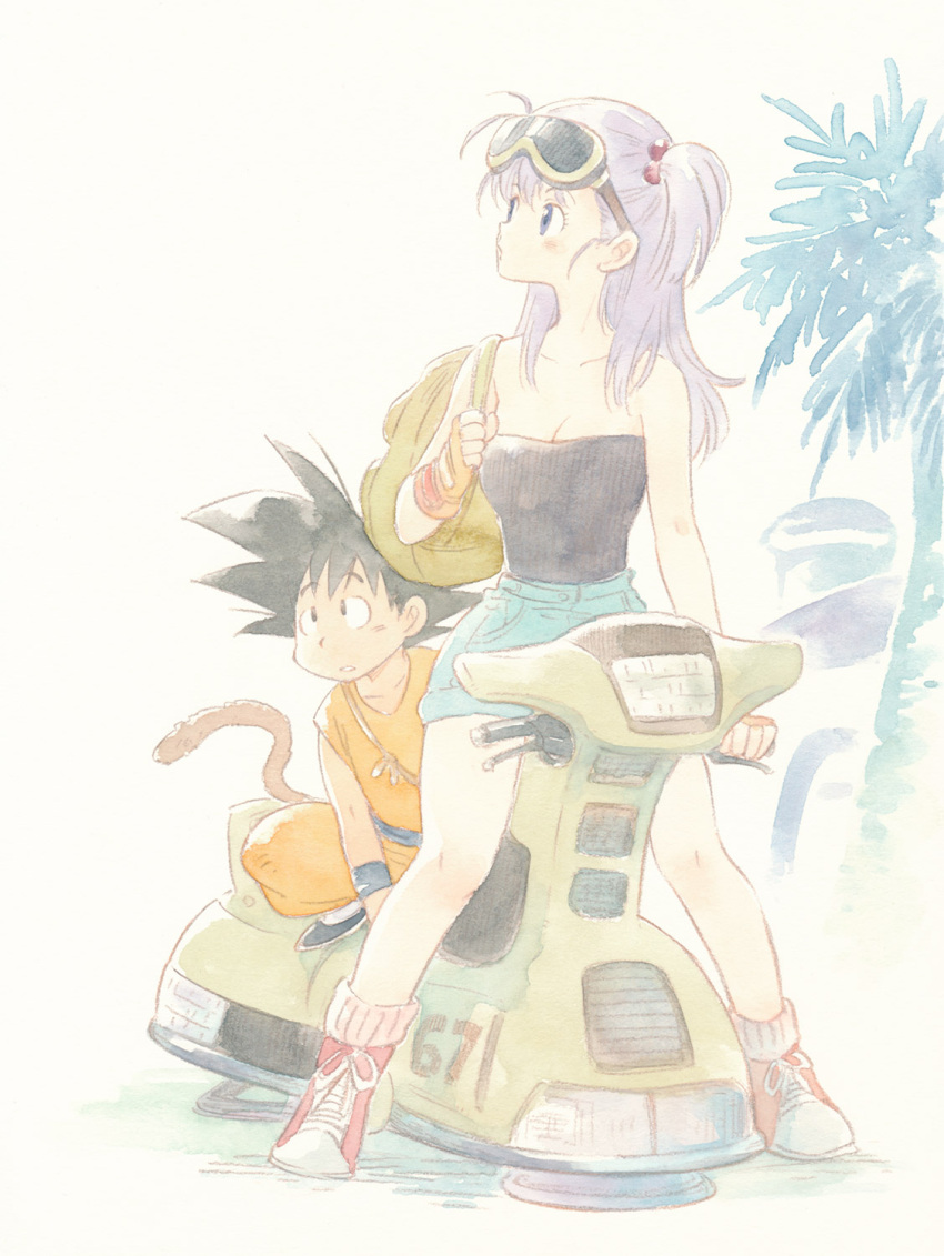 1boy, 1girl, agahari, backpack, bag, black_hair, breasts, bulma